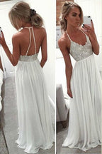 NumberSea NumberSea White Halter Floor Length Beach Wedding Dresses, Beaded Cheap Prom Dress, MP256