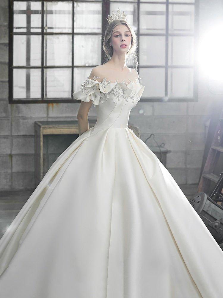 NumberSea Off The Shoulder Flower Satin Wedding Dress 2021 New Floor Length Light Simple Bridal Dress Robe De Mariee