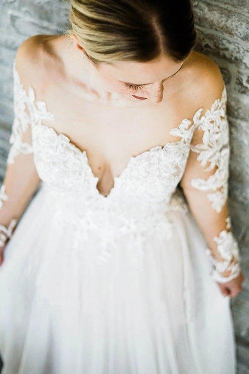 NumberSea Off the Shoulder Long Sleeves Sweep Train Long Wedding Dress Bridal Gown,MW352
