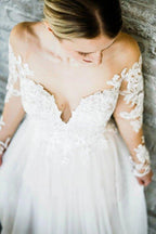 NumberSea Off the Shoulder Long Sleeves Sweep Train Long Wedding Dress Bridal Gown,MW352