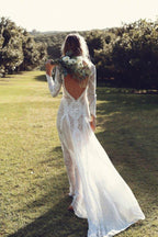 NumberSea Open Back Wedding Dresses Beautiful Lace Backless Long Sleeve Bridal Gown,MW435