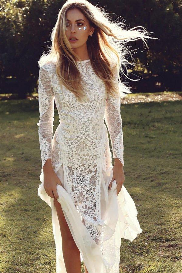 NumberSea Open Back Wedding Dresses Beautiful Lace Backless Long Sleeve Bridal Gown,MW435