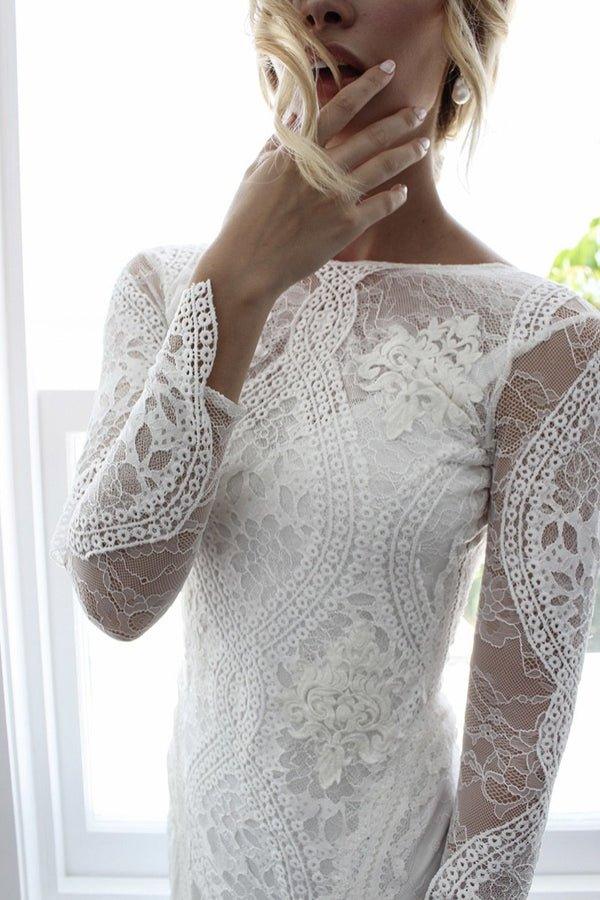 NumberSea Open Back Wedding Dresses Beautiful Lace Backless Long Sleeve Bridal Gown,MW435