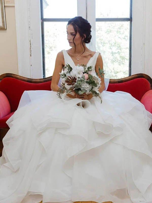 NumberSea Organza V-neck Ball Gown Wedding Dress With Ruffles Beading Bridal Gown,MW459