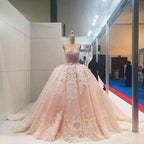 NumberSea Pink Lace Beaded Ball Gown Applique Wedding Dresses Quinceanera Dress, MW204