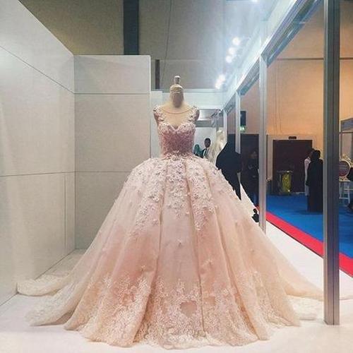NumberSea Pink Lace Beaded Ball Gown Applique Wedding Dresses Quinceanera Dress, MW204