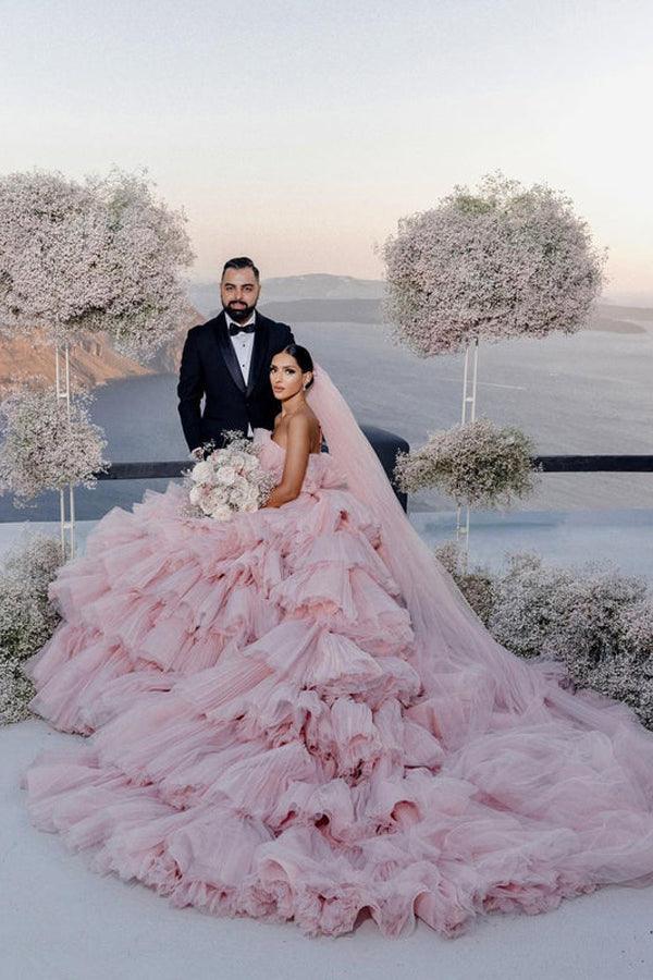 NumberSea Pink Layers Tulle Ball Gown Straight Neck Wedding Dresses, Bridal Gowns, MW939