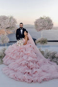 NumberSea Pink Layers Tulle Ball Gown Straight Neck Wedding Dresses, Bridal Gowns, MW939
