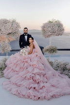 NumberSea Pink Layers Tulle Ball Gown Straight Neck Wedding Dresses, Bridal Gowns, MW939