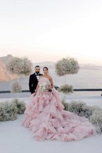 NumberSea Pink Layers Tulle Ball Gown Straight Neck Wedding Dresses, Bridal Gowns, MW939