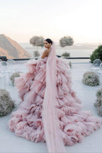 NumberSea Pink Layers Tulle Ball Gown Straight Neck Wedding Dresses, Bridal Gowns, MW939