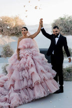 NumberSea Pink Layers Tulle Ball Gown Straight Neck Wedding Dresses, Bridal Gowns, MW939