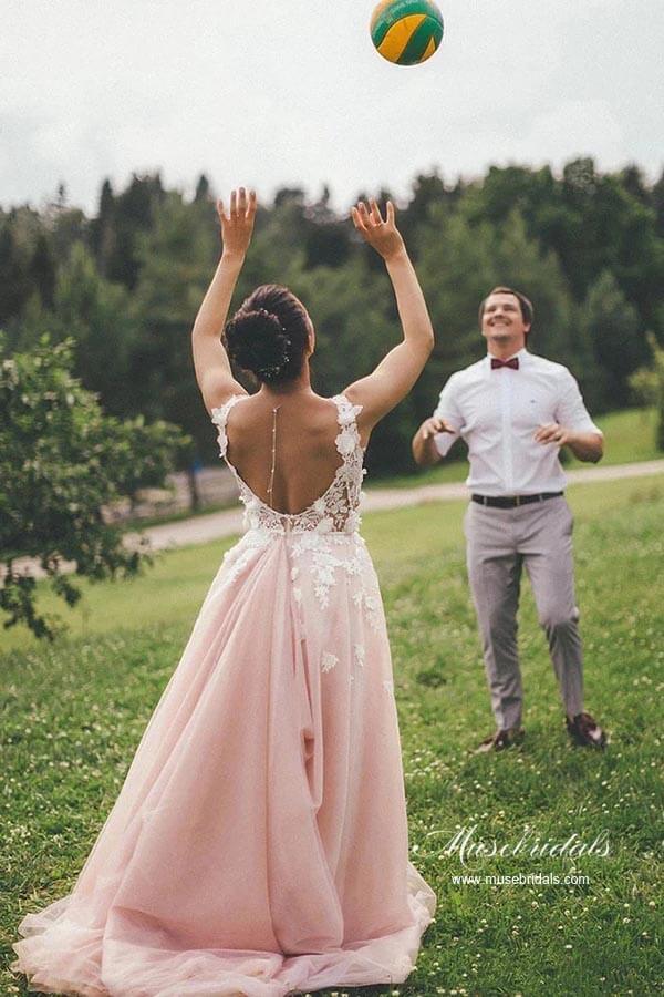 NumberSea Pink Tulle A-line Backless Wedding Dress With Lace Appliques, Bridal Gown, MW944