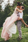NumberSea Pink Tulle A-line Backless Wedding Dress With Lace Appliques, Bridal Gown, MW944