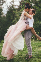 NumberSea Pink Tulle A-line Backless Wedding Dress With Lace Appliques, Bridal Gown, MW944