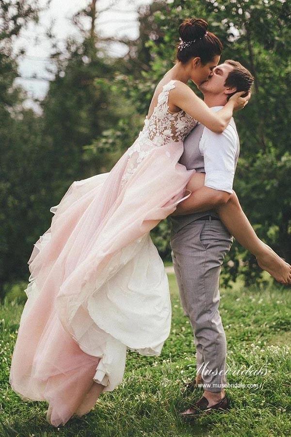 NumberSea Pink Tulle A-line Backless Wedding Dress With Lace Appliques, Bridal Gown, MW944