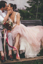 NumberSea Pink Tulle A-line Backless Wedding Dress With Lace Appliques, Bridal Gown, MW944