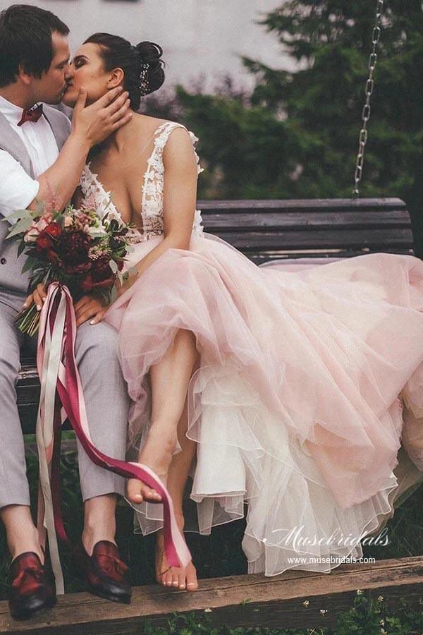 NumberSea Pink Tulle A-line Backless Wedding Dress With Lace Appliques, Bridal Gown, MW944