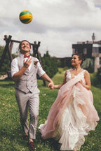 NumberSea Pink Tulle A-line Backless Wedding Dress With Lace Appliques, Bridal Gown, MW944