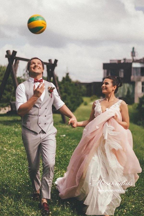 NumberSea Pink Tulle A-line Backless Wedding Dress With Lace Appliques, Bridal Gown, MW944