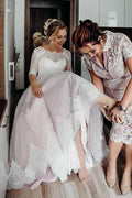 NumberSea Pink Tulle Lace Backless Half Sleeves Lace Up Wedding Dresses, Bridal Gown, MW742