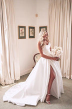 NumberSea Pleat Sweetheart A Line Wedding Dresses Side Slit Vestido De Noiva Satin Appliqued Women Bridal Dresses
