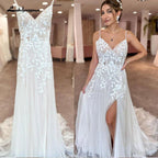 NumberSea Plunging Lace Appliques Open Back Wedding Dress V Neck Spaghetti Straps 2025 Bride Wedding Dress robe de soirée
