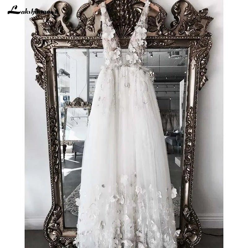 NumberSea Pretty 3D Flower Pearls Wedding Dresses robe mariage femme Sexy Backless Lace Sexy Beach Bridal Gowns Vestido De Noiva Casamento