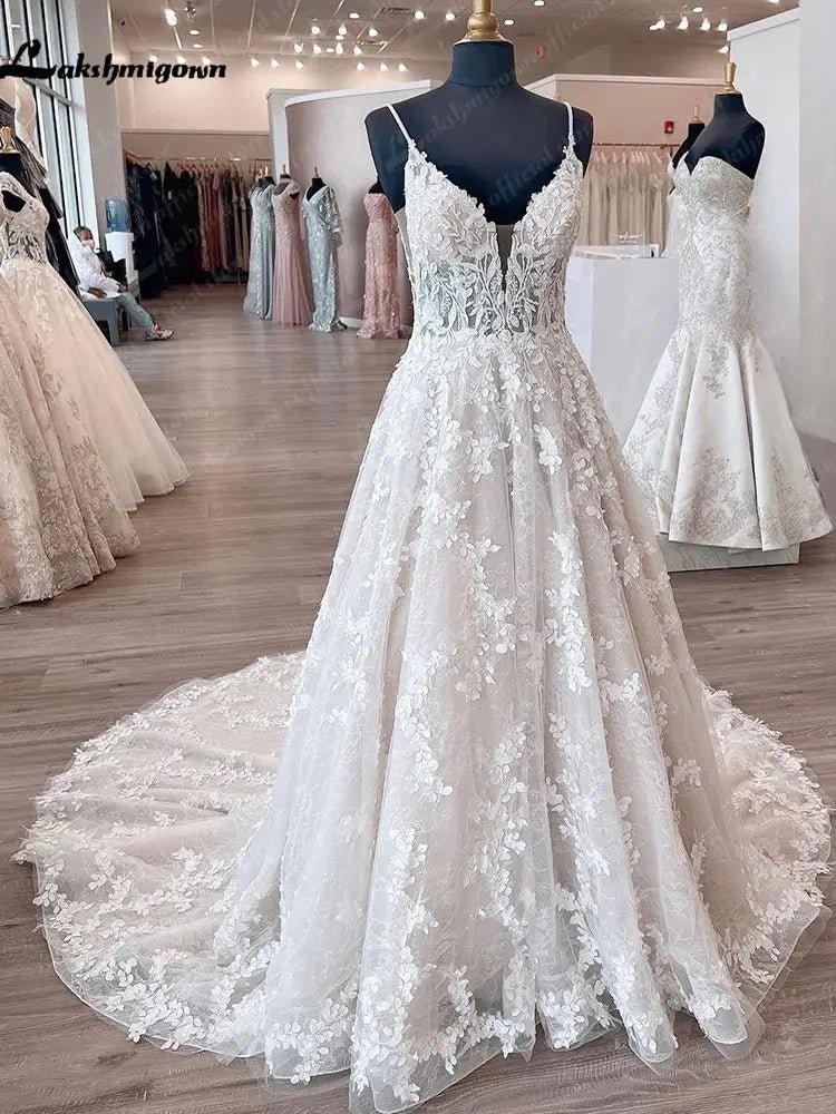 NumberSea Princess Lace Wedding Dress Robe de mariee Sexy Bridal Plunging V Neck Tulle Boho Wedding Gown Backless