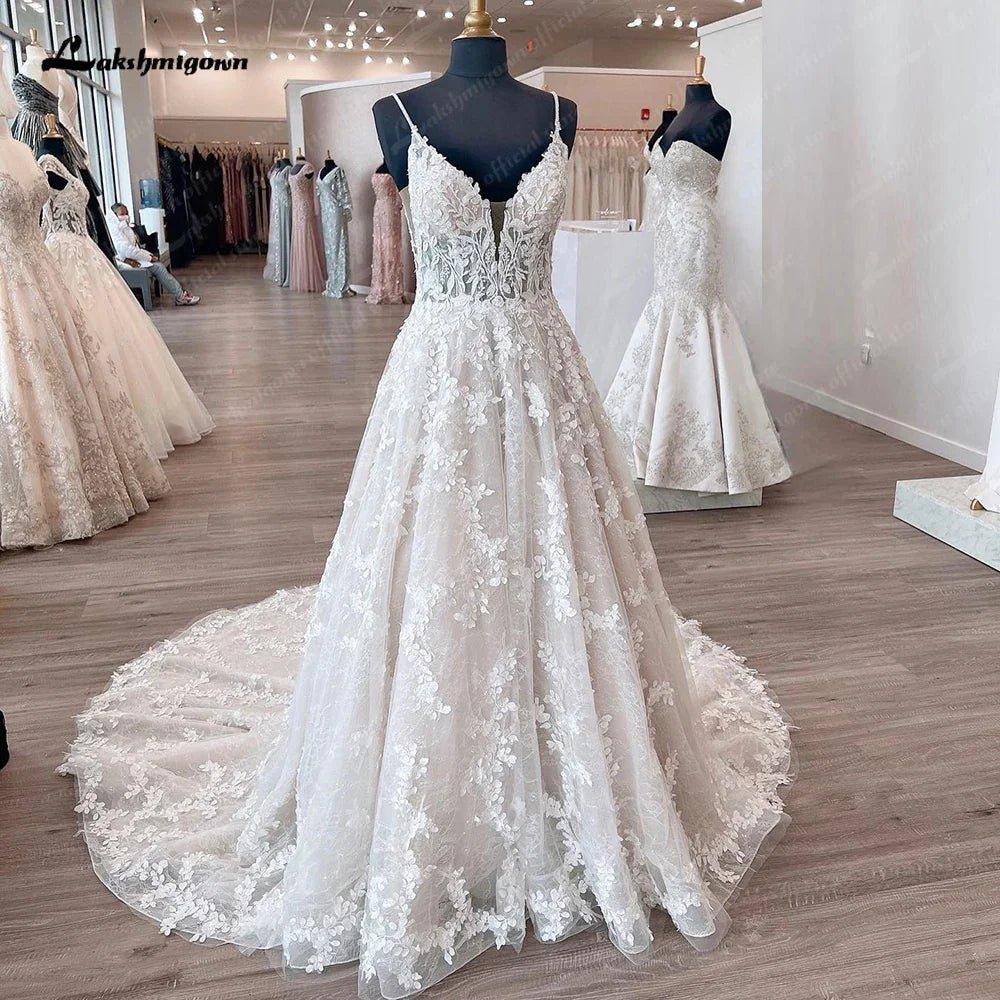 NumberSea Princess Lace Wedding Dress Robe de mariee Sexy Bridal Plunging V Neck Tulle Boho Wedding Gown Backless