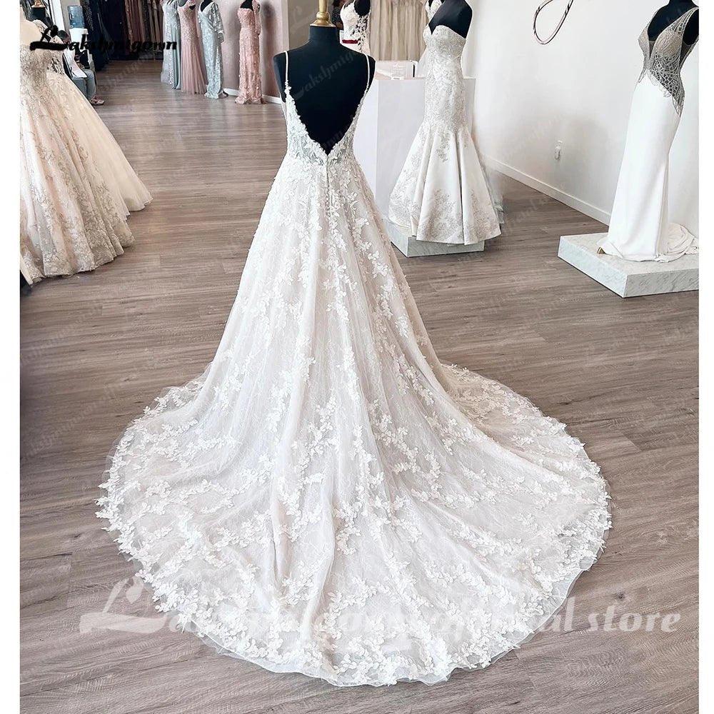 NumberSea Princess Lace Wedding Dress Robe de mariee Sexy Bridal Plunging V Neck Tulle Boho Wedding Gown Backless