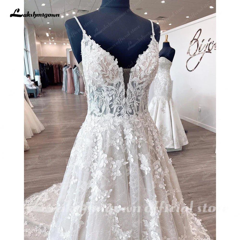 NumberSea Princess Lace Wedding Dress Robe de mariee Sexy Bridal Plunging V Neck Tulle Boho Wedding Gown Backless