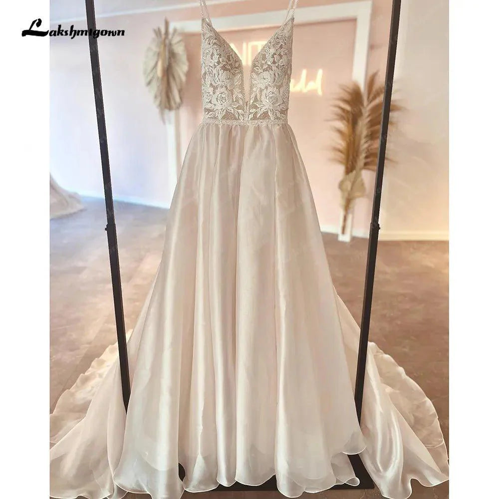 NumberSea Robe Civil Boho Champagne Lace V Neck A Line Beach Wedding Dress 2025 Bridal Gowns Custom Made Vestidos