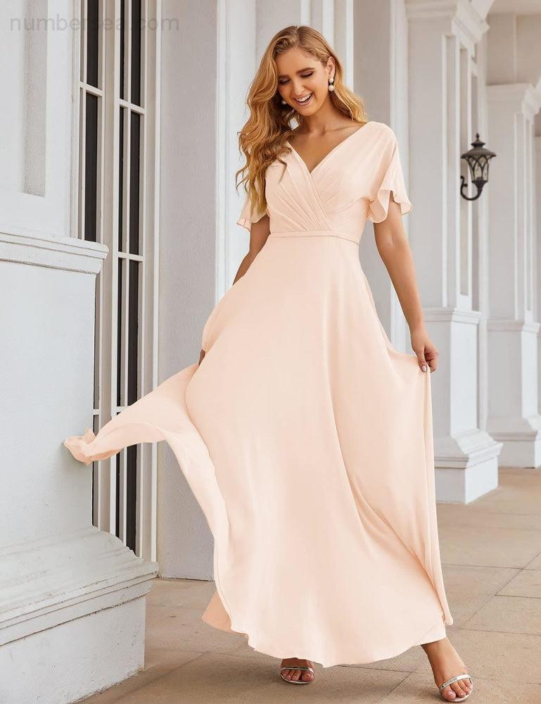 Numbersea Wrap V-Neck Chiffon Bridesmaid Dresses Long Formal Maxi Evening Gown for Wedding Guests  SEA28049