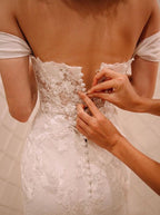 Off Shoulder Court Train Chiffon Wedding Dress with Lace Appliques