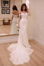 Off Shoulder Court Train Chiffon Wedding Dress with Lace Appliques