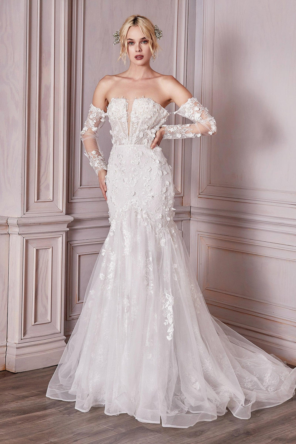 Off Shoulder Long Trail Wedding Dress