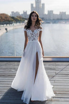 Off The Shoulder Appliques A-line Wedding Dresses | Side Split Tulle Bridal Gowns