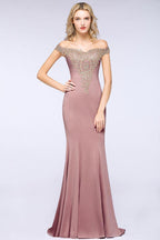 Off the Shoulder Gold Appliques Mermaid Evening Gowns Slim Prom Dress