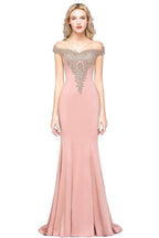 Off the Shoulder Gold Appliques Mermaid Evening Gowns Slim Prom Dress