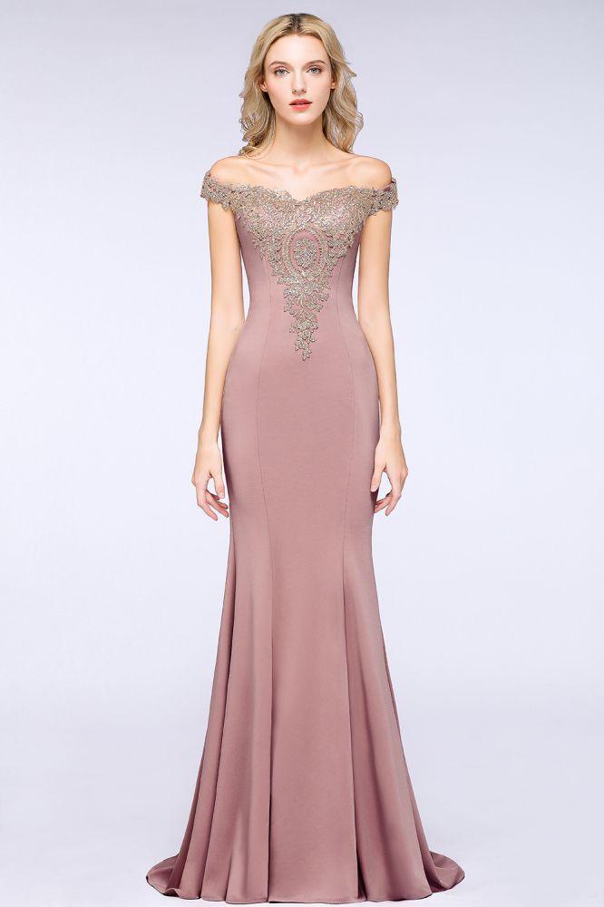 Off the Shoulder Gold Appliques Mermaid Evening Gowns Slim Prom Dress