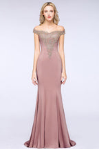 Off the Shoulder Gold Appliques Mermaid Evening Gowns Slim Prom Dress