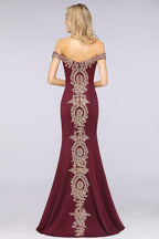 Off the Shoulder Gold Appliques Mermaid Evening Gowns Slim Prom Dress