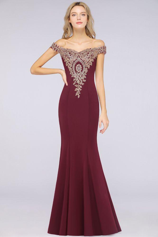 Off the Shoulder Gold Appliques Mermaid Evening Gowns Slim Prom Dress