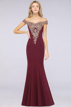 Off the Shoulder Gold Appliques Mermaid Evening Gowns Slim Prom Dress