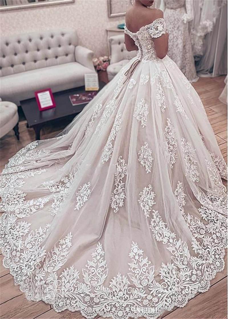 Off the Shoulder Lace Appliques Ball Gown Wedding Dress