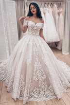 Off the Shoulder Lace Appliques Ball Gown Wedding Dress