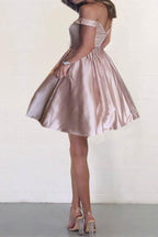 Off the Shoulder Satin Beaded Homecoming Dresses with Pocket