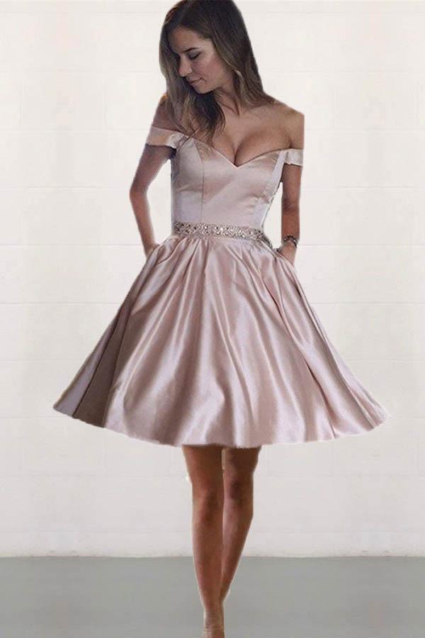 Off the Shoulder Satin Beaded Homecoming Dresses with Pocket