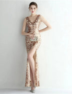 Mermaid / Trumpet Evening Gown Sparkle & Shine Dress Formal Wedding Guest Floor Length Short Sleeve V Neck Sequined with Sequin Slit